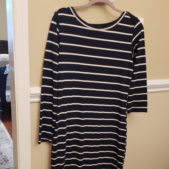 Loveappella Dresses & Skirts - Loveappela Striped Shift Dress Navy, Asymmetrical
